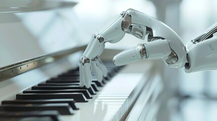 A futuristic android effortlessly plays a grand piano with precision and grace, Generated by AI