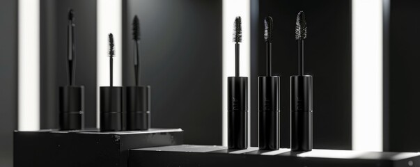 Obraz premium Cylindrical mascara tube display, focusing on its capability to enhance eye makeup with voluminous and lengthy lashes