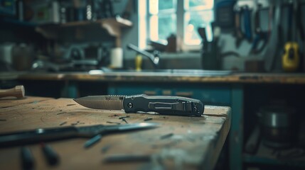 Close-Up of a Knife on a Rusted Workbench