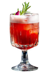 Red cocktail with foam in a glass with a stem. Isolated