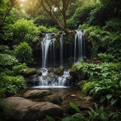 A tranquil garden with a trickling waterfall and lush foliage.
