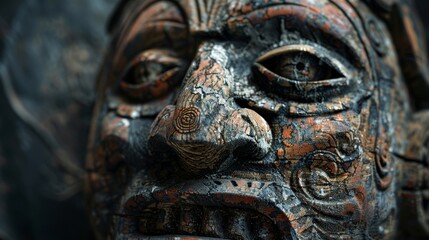Close-up of a Weathered Wooden Carving of a Face