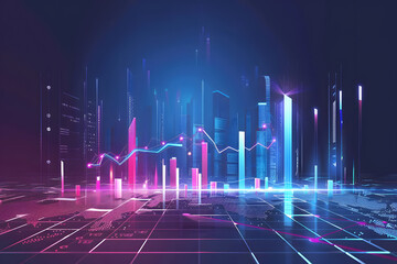 Futuristic cityscape with financial graphs