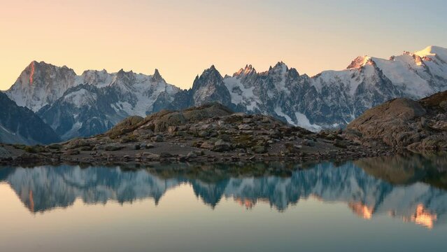 Landscape of Lac Blanc with Mont Blanc massif reflect on the lake among French Alps in the morning at Chamonix Mont Blanc