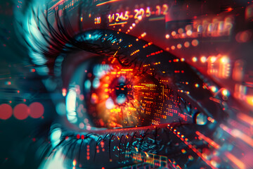 Close-up of a cybernetic eye with digital data interface, symbolizing futuristic technology