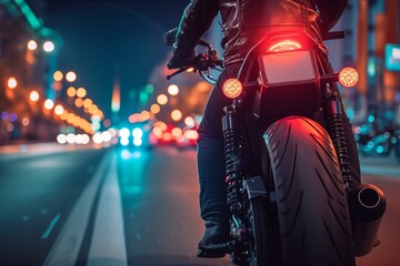 Illuminated Biker motorcycle night street. Ride speed vehicle road driver. Generate Ai