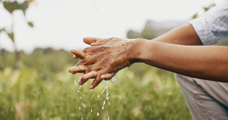 Hands, cleaning and water or outdoor for hygiene bacteria or wellness splash, forest or dirt....