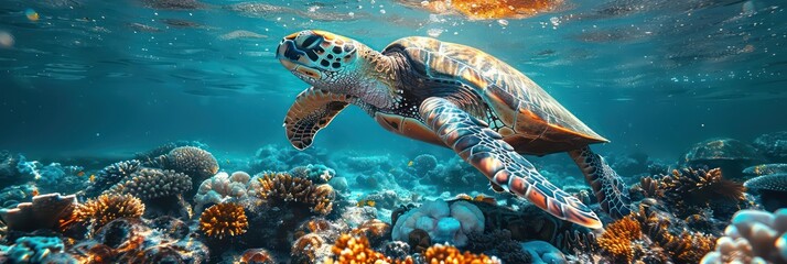  turtle swimming underwater on tropical clear water corals