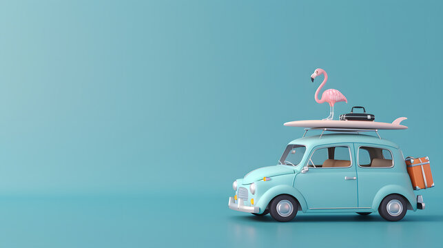 A car with luggage and a surfboard on top, blue background, a flamingo in the back of a toy car, minimalist style, copy space area, 3d render style
