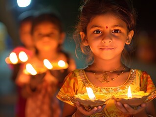 A group of children holding lit candles in handmade holders for Diwali.  - Powered by Adobe