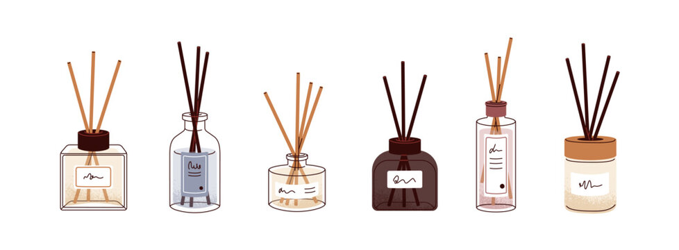 Aroma diffuser bottles with bamboo sticks. Aromatherapy, fresh scents, home perfume, oil fragrance, natural odors, aromatic fragrant liquids set. Flat vector illustration isolated on white background