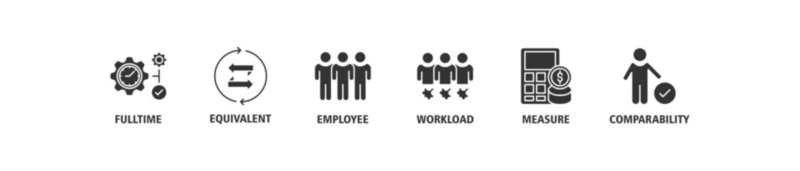 FTE banner web icon set vector illustration concept of full time equivalent with icon of full-time, equivalent, employee, workload, measure and comparability