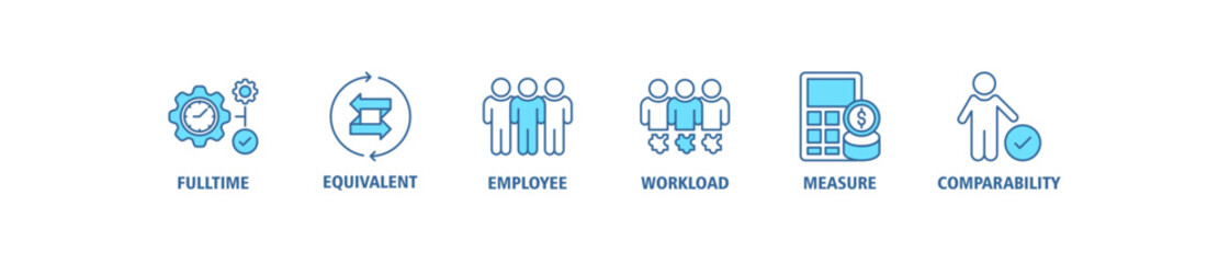 FTE banner web icon set vector illustration concept of full time equivalent with icon of full-time, equivalent, employee, workload, measure and comparability
