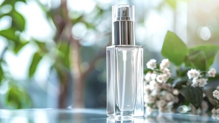 Closeup of a clear glass pump bottle with a silver pump, showcasing foundation for radiant skin, with soft focus background