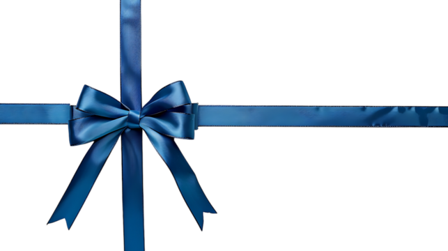 Packaging composition with blue ribbon bow isolated on transparent background