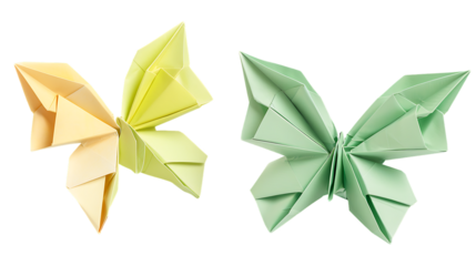 pair of pastel color origami buttterflies yellow green isolated on transparent background