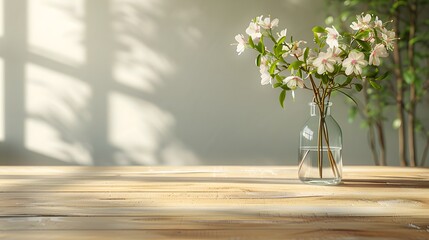 Empty wooden table with blurred background and flower vase for product display presentation, wood desk top mockup in an interior design concept.
