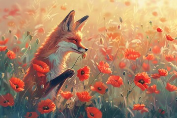 Illustration of a fox gently holding a wildflower in its mouth, standing amidst a vibrant field of poppies