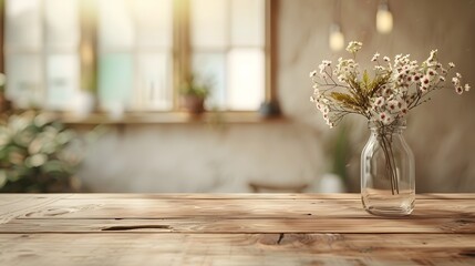 Empty wooden table with blurred background and flower vase for product display presentation, wood desk top mockup in an interior design concept.
