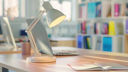 Modern bright workplace for a student or schoolchild. Education concept. Homework at a desk with a table lamp with books in the background.