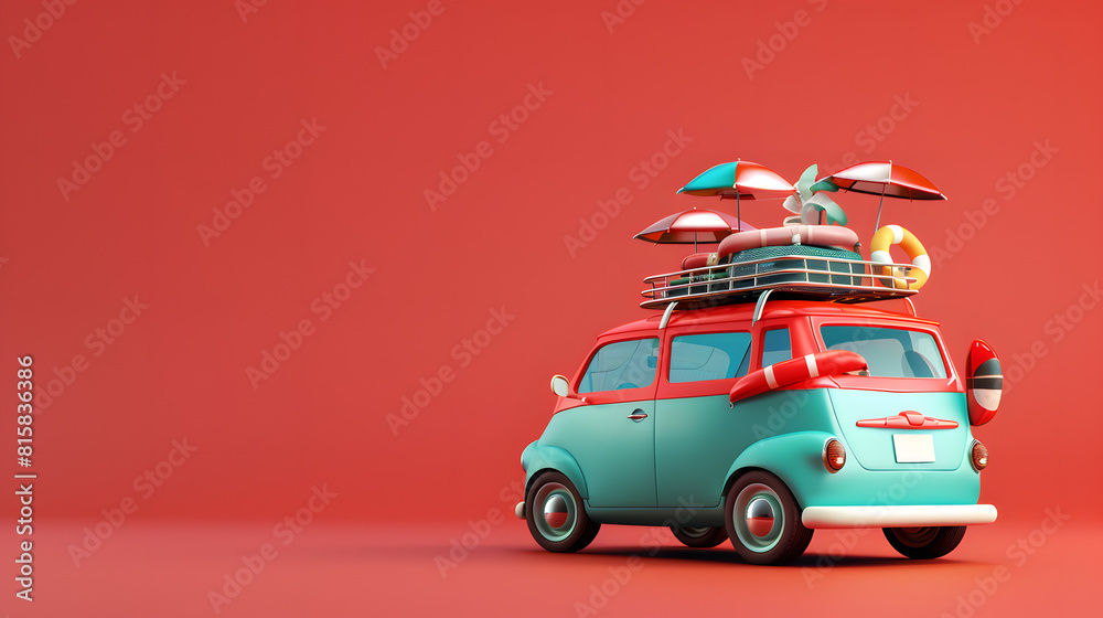 Wall mural a car with summer vacation accessories on top, red minimal background, concept space for a banner de