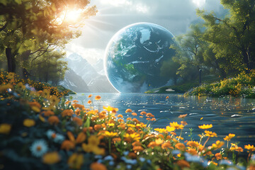 A vibrant blue and green Earth globe with lush vegetation, symbolizing environmental world protection, ecological conservation, and the message of "Save the Planet" for Earth Day