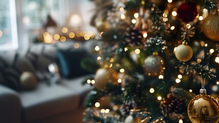 Blurred background on chrismas tree with gift boxes in living room, backdrop