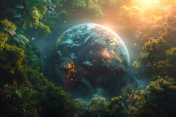A vibrant blue and green Earth globe with lush vegetation, symbolizing environmental world protection, ecological conservation, and the message of "Save the Planet" for Earth Day