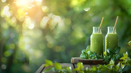 Green smoothies in glass bottles with bamboo straws on a wooden board against a blurred background...