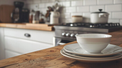 Clean plates bowl and cup on wooden kitchen countertop