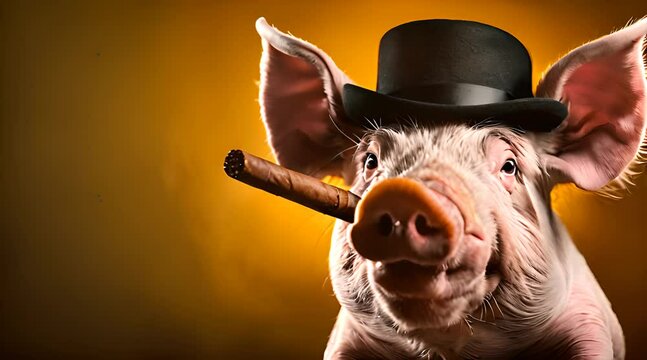 Schwein mit Zylinder und Zigarre vor gelbem Hintergrund