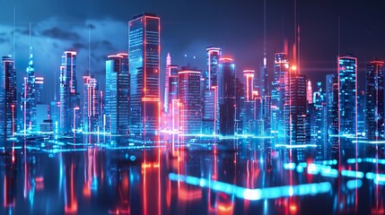 Fototapeta premium Neon hologram smart city cyberspace, high-speed internet technology.