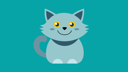 Cheerful grey cartoon cat with bright yellow eyes, sporting a friendly smile, sits against a solid teal background. Perfect for children's illustrations and pet-themed designs