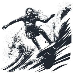 Surfing Logo Design. Woman surfer and wave. Vector Illustration.