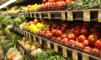 Rows fresh vegetables groceries in supermarket displayed.