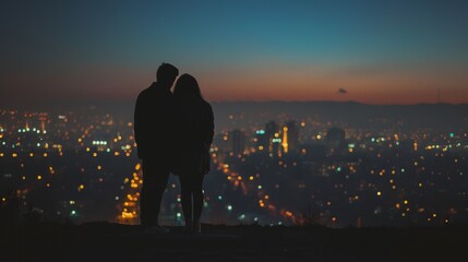 Couple Silhouette Against City Lights at Sunset