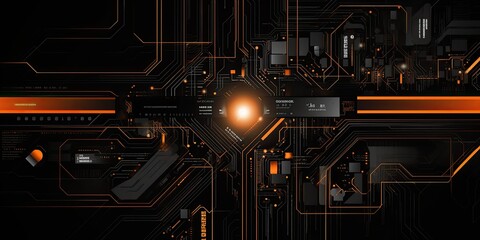 Fototapeta premium Computer Circuit Board Design in Black and Orange with Lines and Dots