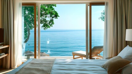 Fototapeta premium Comfortable bedroom with sea view in a modern hotel. Vacation and tourism concept