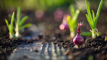 Red onion seedlings growing on a dark wooden surface - Powered by Adobe