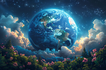 A vibrant blue and green Earth globe with lush vegetation, symbolizing environmental world protection, ecological conservation, and the message of "Save the Planet" for Earth Day