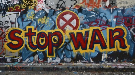 Bold Anti-War Statement: Symbol of Peace Amidst Graffiti Art. In the midst of a graffiti wall adorned with colorful blocks of paint, a striking anti-war symbol is painted prominently in the center. 