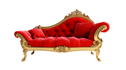 Red fainting couch with gold trim isolated on transparent background