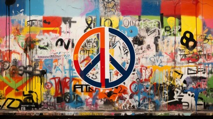 Bold Anti-War Statement: Symbol of Peace Amidst Graffiti Art. In the midst of a graffiti wall adorned with colorful blocks of paint, a striking anti-war symbol is painted prominently in the center. 