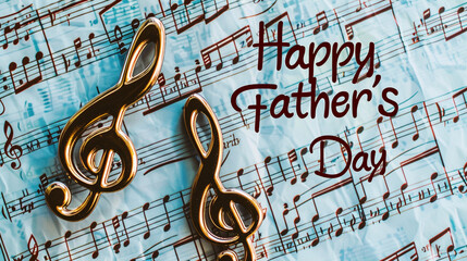 A Father's Day post template with two musical notes, a smaller note giving a clef symbol to a larger note. The background is a sheet music page, with "Happy Father's Day" in a harmonious script.