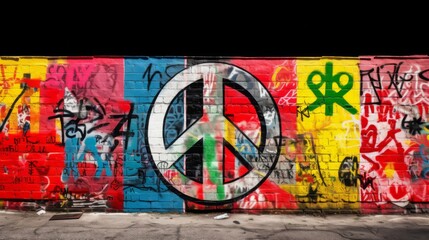 Bold Anti-War Statement: Symbol of Peace Amidst Graffiti Art. In the midst of a graffiti wall adorned with colorful blocks of paint, a striking anti-war symbol is painted prominently in the center. 