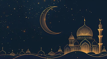 Line art concept. Outline of moon and mosque on dark background AI generated