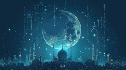 Line art concept. Outline of moon and mosque on dark background AI generated