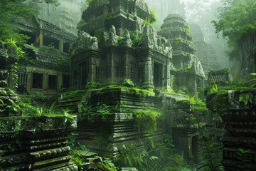 Fototapeta na wymiar Majestic ancient ruins rising from the heart of a verdant jungle, with moss-covered stones, intricate carvings, and towering temple spires.