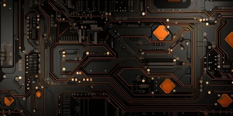 Black and Orange Background Featuring a Computer Circuit Board with Lines and Dots
