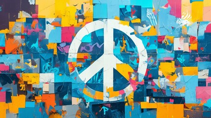 Bold Anti-War Statement: Symbol of Peace Amidst Graffiti Art. In the midst of a graffiti wall adorned with colorful blocks of paint, a striking anti-war symbol is painted prominently in the center. 